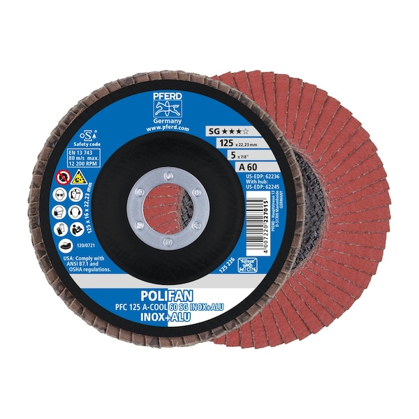 Pferd 5" x 7/8" A.H. POLIFAN Flap Disc - A-COOL SG INOX+ALU, Aluminum oxide, 60 Grit, Conical 62236 - main